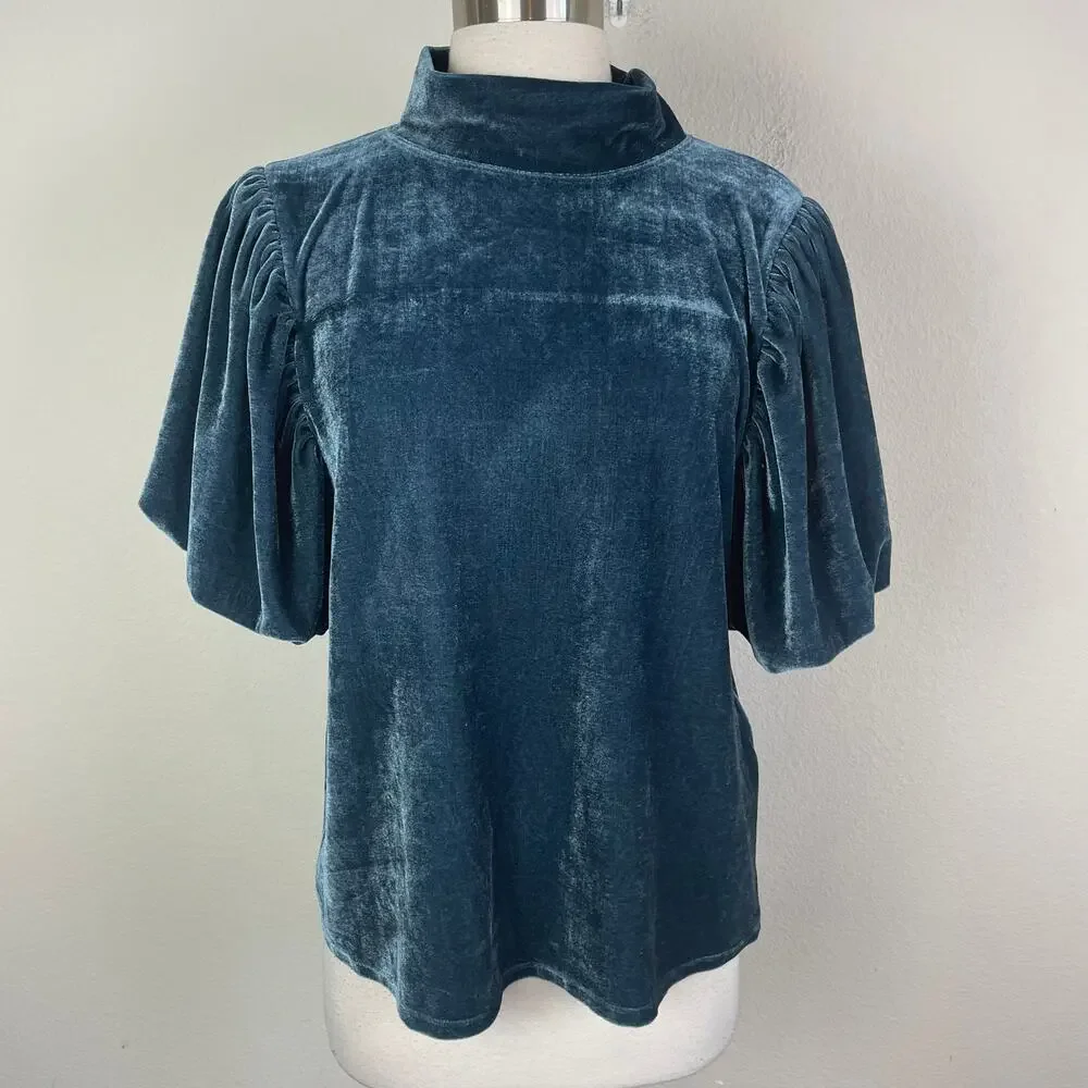 Free People Blue Velvet Claudia Puff Sleeve Short Sleeve Top Large